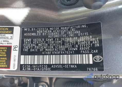 2015 Toyota Camry Le z USA, uszkodzony, nr VIN 4T4BF1FK9FR476241